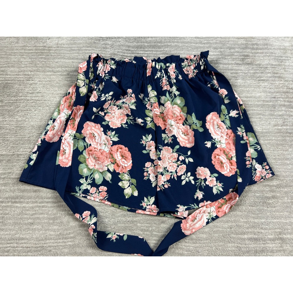 Shein Shorts Women XL 12 Navy Blue Floral Paperbag Waist Tie Belt Casual JIT1782